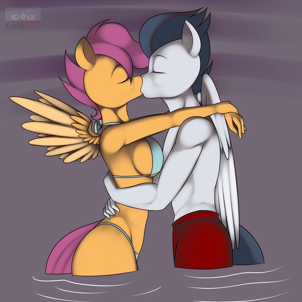 Size: 1280x1280 | Tagged: suggestive, artist:kloudmutt, derpibooru import, rumble, scootaloo, anthro, pegasus, bikini, boob squish, breasts, busty scootaloo, clothes, embrace, eyes closed, female, holding, kissing, male, older, older rumble, older scootaloo, rumbloo, shipping, sideboob, straight, swimsuit, topless, water