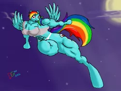 Size: 640x480 | Tagged: anthro, artist:downgrade101, breasts, clothes, derpibooru import, featureless breasts, muscles, overdeveloped muscles, rainbow dash, rainbuff dash, see-through, suggestive