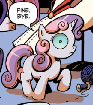 Size: 310x348 | Tagged: safe, derpibooru import, idw, sweetie belle, unicorn, the return of queen chrysalis, spoiler:comic, spoiler:comic01, changelings are terrible actors, disguise, disguised changeling, female, filly, infected, official comic, solo, wide eyes
