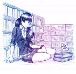 Size: 1025x1000 | Tagged: artist:arucardpl, book, bookshelf, derpibooru import, human, humanized, library, safe, solo, twilight sparkle