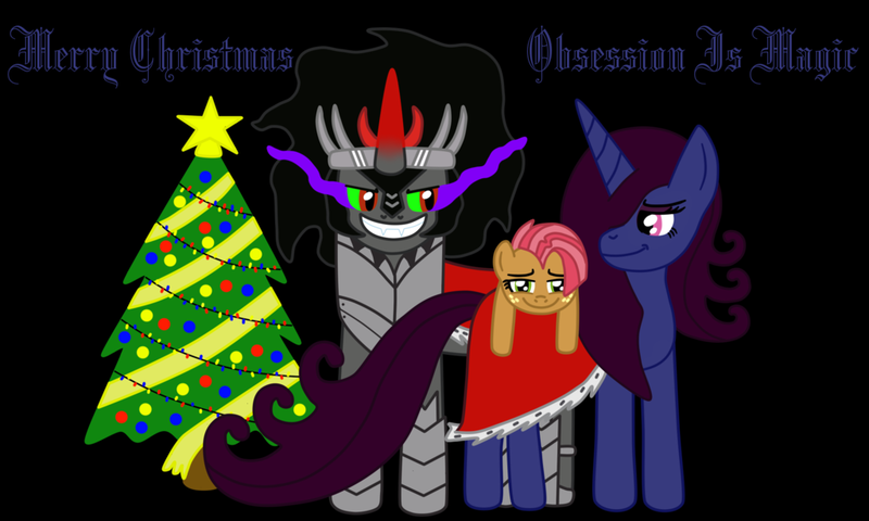 Size: 1024x614 | Tagged: artist:thelordofdust, babs seed, cape, christmas, christmas tree, clothes, derpibooru import, fangs, grin, king sombra, looking at you, obsession is magic, oc, oc:maneia, safe, smiling, tree