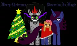 Size: 1024x614 | Tagged: artist:thelordofdust, babs seed, cape, christmas, christmas tree, clothes, derpibooru import, fangs, grin, king sombra, looking at you, obsession is magic, oc, oc:maneia, safe, smiling, tree