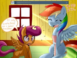 Size: 800x600 | Tagged: apron, artist:starykrow, ask the cmc, clothes, crepuscular rays, crossover, derpibooru import, japanese, rainbow dash, rainbow shy dash, safe, scootaloo, tumblr, window