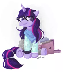 Size: 837x952 | Tagged: safe, artist:xxmentalincxx, derpibooru import, twilight sparkle, pony, unicorn, alternate hairstyle, book, book bag, clothes, female, glasses, hipster, mare, signature, simple background, sitting, smiling, solo, underhoof, white background