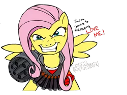 Size: 800x600 | Tagged: artist:zev, derpibooru import, evil grin, flutterrage, fluttershy, grin, heavy, heavyshy, holy shit, safe, simple background, smiling, solo, team fortress 2, transparent background, you're going to love me