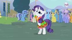 Size: 635x354 | Tagged: safe, derpibooru import, screencap, applejack, bon bon, candy mane, carrot top, coco crusoe, doctor whooves, golden harvest, lemon hearts, linky, minuette, pokey pierce, rainbowshine, rarity, shoeshine, sweetie drops, time turner, pony, magic duel, hub logo