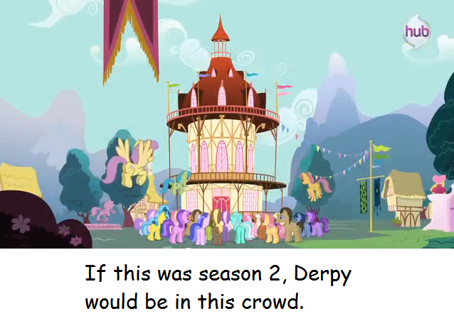 Size: 638x452 | Tagged: safe, derpibooru import, edit, edited screencap, screencap, pony, spoiler:s03, comic sans, crowd, derpygate, meta, ponyville town hall