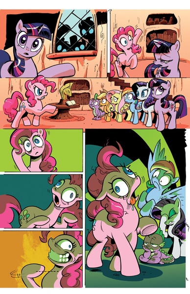 Size: 800x1236 | Tagged: safe, artist:andypriceart, derpibooru import, idw, official, applejack, fluttershy, pinkie pie, rainbow dash, rarity, spike, twilight sparkle, earth pony, pegasus, pony, unicorn, the return of queen chrysalis, spoiler:comic, clean, comic, eyeshadow, facehoof, female, infected, mare, official comic, shaun of the dead, slasher smile, slit throat gesture, textless, unicorn twilight, wide eyes