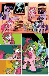 Size: 800x1236 | Tagged: safe, artist:andypriceart, derpibooru import, idw, official, applejack, fluttershy, pinkie pie, rainbow dash, rarity, spike, twilight sparkle, earth pony, pegasus, pony, unicorn, the return of queen chrysalis, spoiler:comic, clean, comic, eyeshadow, facehoof, female, infected, mare, official comic, shaun of the dead, slasher smile, slit throat gesture, textless, unicorn twilight, wide eyes