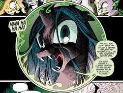 Size: 907x685 | Tagged: angry, applejack, artist:andypriceart, comic, crystal ball, derpibooru import, evil laugh, fangs, idw, issue 1, official comic, queen chrysalis, rarity, safe, spike, spoiler:comic, the return of queen chrysalis, twilight sparkle