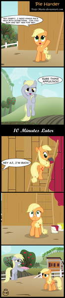 Size: 800x3670 | Tagged: safe, artist:toxic-mario, derpibooru import, applejack, derpy hooves, pegasus, pony, apple, barn, comic, female, food, mare, paint, paintbrush, pie, sweet apple acres