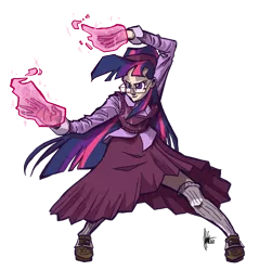 Size: 700x733 | Tagged: safe, artist:theartrix, derpibooru import, twilight sparkle, human, action pose, clothes, female, glasses, glowing hands, humanized, long skirt, magic, rule of cool, simple background, skirt, solo, sweater vest, transparent background