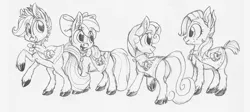 Size: 1000x447 | Tagged: apple bloom, artist:xenon, babs seed, cutie mark crusaders, derpibooru import, monochrome, safe, scootaloo, sketch, sweetie belle, unshorn fetlocks