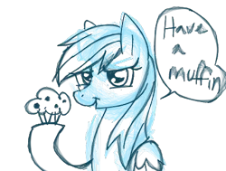 Size: 450x340 | Tagged: safe, artist:loosingreality, derpibooru import, derpy hooves, pegasus, pony, da muro, female, mare, monochrome, muffin, sketch