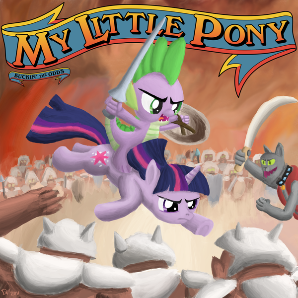 Size: 1000x1000 | Tagged: safe, artist:kefkafloyd, derpibooru import, rover, spike, twilight sparkle, diamond dog, dragon, pony, unicorn, album cover, army, dragons riding ponies, duo, female, lance, male, mare, molly hatchet, riding, scimitar, shield, sword, unicorn twilight