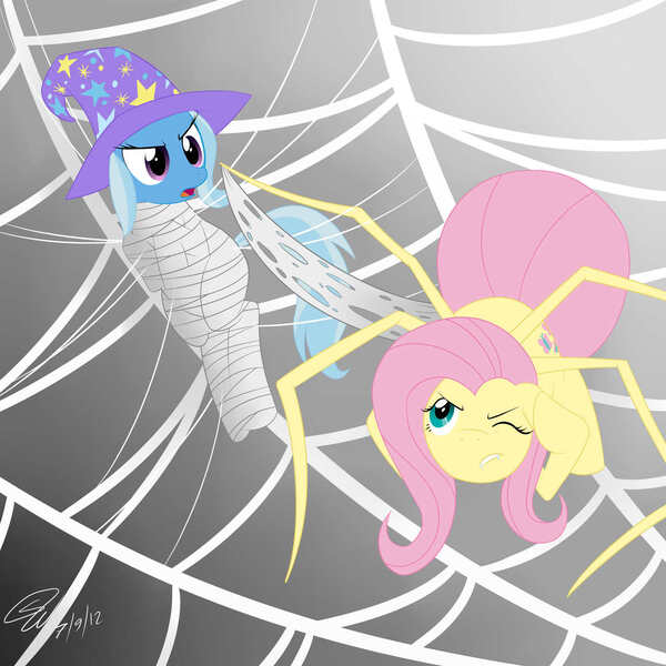 Size: 1280x1280 | Tagged: artist:doodlebug, bondage, cocoon, derpibooru import, fluttershy, mummification, original species, safe, species swap, spider, spidershy, spider web, trixie