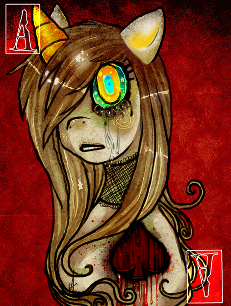 Size: 554x734 | Tagged: grimdark, artist:chalnsaw, derpibooru import, pony, ace of spades, blood, crying, female, mare, solo