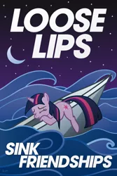 Size: 800x1200 | Tagged: safe, artist:kefkafloyd, derpibooru import, twilight sparkle, pony, unicorn, eyes closed, female, lifeboat, loose lips sink ships, mare, moon, night, ocean, poster, propaganda, solo, stars, text, unicorn twilight, world war ii