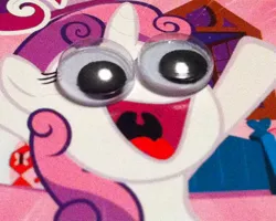 Size: 447x358 | Tagged: safe, derpibooru import, sweetie belle, card, googly eyes, photo, special eyes, trading card