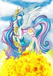 Size: 1280x1841 | Tagged: alicorn, artist:siberwar, clothes, corset, derpibooru import, female, high heels, horn jewelry, jewelry, lingerie, necklace, princess celestia, safe, shoes, solo, stockings, sun, tangible heavenly object