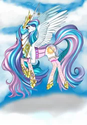 Size: 1280x1841 | Tagged: alicorn, artist:siberwar, clothes, cloud, cloudy, corset, derpibooru import, edit, female, flying, horn jewelry, jewelry, lingerie, princess celestia, safe, solo, stockings, thigh highs