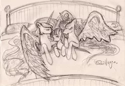 Size: 1024x705 | Tagged: artist:quillsaga, dead source, derpibooru import, female, lesbian, monochrome, ot3, princess celestia, princess luna, safe, shipping, twilestia, twilight sparkle, twiluna, twilunestia