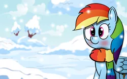 Size: 1440x900 | Tagged: safe, artist:abstract-spectrum, derpibooru import, rainbow dash, clothes, scarf, snow, snowfall, solo, wallpaper