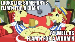 Size: 960x540 | Tagged: caption, couch, derpibooru import, edit, edited screencap, flam, flim, flim flam brothers, hoof hold, looks like somepony's, mug, safe, screencap, text, the super speedy cider squeezy 6000