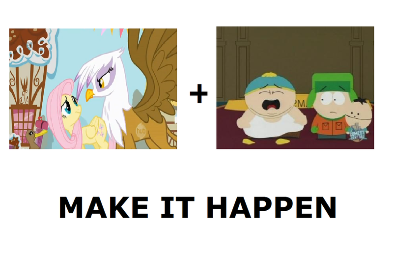 Size: 1146x738 | Tagged: safe, derpibooru import, fluttershy, gilda, gryphon, all caps, eric cartman, exploitable meme, ike, kyle broflovski, make it happen, meme, meta, south park