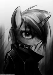 Size: 636x900 | Tagged: safe, artist:foxinshadow, derpibooru import, oc, oc:coffee bean, unofficial characters only, anthro, semi-anthro, unicorn, abstract background, badass, black and white, clothes, collar, dark, edgy, emo, female, grayscale, hair over one eye, jacket, mare, monochrome, solo