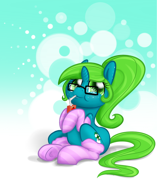 Size: 1257x1440 | Tagged: artist:rawrcharlierawr, clothes, cute, derpibooru import, glasses, juice box, oc, oc:lemontwist, safe, socks, solo, striped socks, underhoof, unofficial characters only