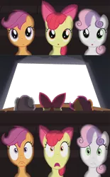 Size: 800x1290 | Tagged: safe, derpibooru import, apple bloom, scootaloo, sweetie belle, pony, cutie mark crusaders, exploitable meme, foal, meme, theater meme