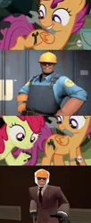 Size: 500x1223 | Tagged: apple bloom, crossover, derpibooru import, engineer, exploitable meme, irony, long neck, meme, nope.avi, one bad apple, oops, safe, scootaloo, spy, team fortress 2, wrench