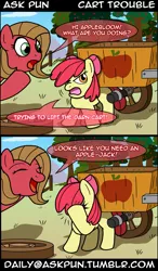 Size: 765x1308 | Tagged: apple bloom, apple-jack, ask pun, cart, comic, derpibooru import, facehoof, oc, oc:pun, pun, safe, tumblr