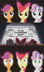 Size: 800x1290 | Tagged: safe, derpibooru import, apple bloom, scootaloo, sweetie belle, pony, exploitable meme, foal, meme, movie meme, sex education, theater meme