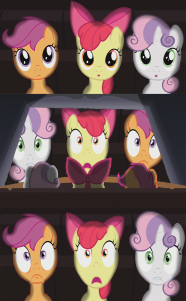 Size: 800x1290 | Tagged: safe, derpibooru import, apple bloom, scootaloo, sweetie belle, pony, cutie mark crusaders, exploitable meme, foal, inception, meme, theater meme