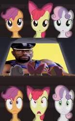 Size: 372x600 | Tagged: safe, derpibooru import, apple bloom, scootaloo, sweetie belle, pony, black overlord, exploitable meme, foal, meme, movie meme, photo, theater meme