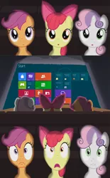 Size: 800x1290 | Tagged: apple bloom, cutie mark crusaders, derpibooru import, exploitable meme, meme, microsoft, safe, scootaloo, sweetie belle, theater meme, windows, windows 8