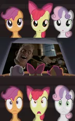 Size: 800x1290 | Tagged: safe, derpibooru import, apple bloom, scootaloo, sweetie belle, pony, cutie mark crusaders, exploitable meme, judge doom, meme, theater meme, who framed roger rabbit