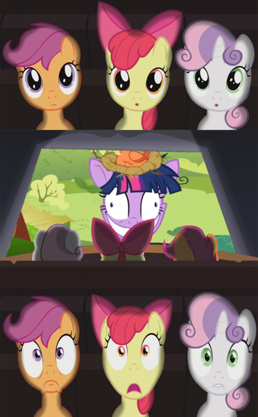 Size: 496x800 | Tagged: safe, derpibooru import, apple bloom, scootaloo, sweetie belle, twilight sparkle, pony, cutie mark crusaders, exploitable meme, foal, meme, theater meme, twilight snapple