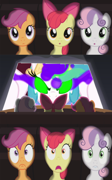 Size: 370x592 | Tagged: safe, derpibooru import, apple bloom, princess celestia, scootaloo, sweetie belle, pony, exploitable meme, foal, meme, theater meme