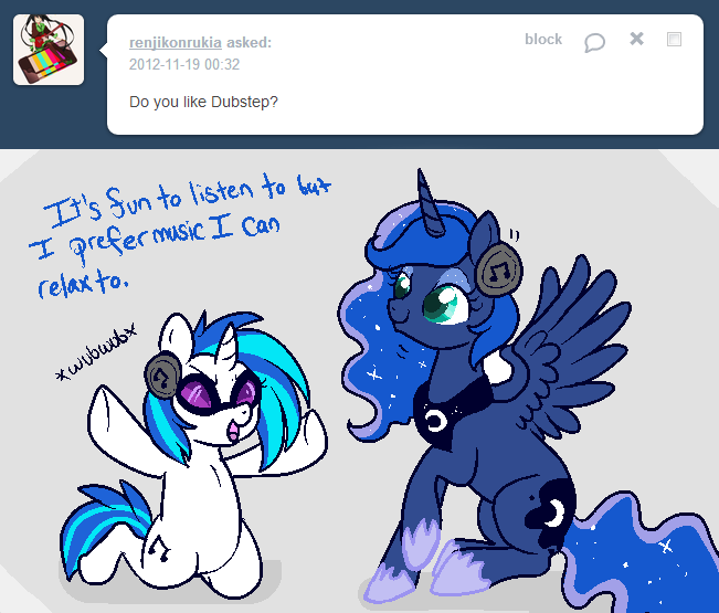 Size: 651x555 | Tagged: artist:lulubell, ask, askprincessluna, derpibooru import, princess luna, safe, tumblr, vinyl scratch