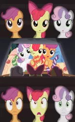 Size: 496x800 | Tagged: suggestive, derpibooru import, apple bloom, scootaloo, sweetie belle, pony, clothes, cutie mark crusaders, exploitable meme, foal, meme, socks, strategically covered, striped socks, theater meme