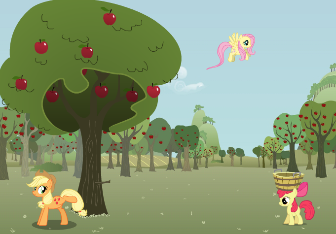 Size: 681x475 | Tagged: safe, artist:futzi01, derpibooru import, apple bloom, applejack, fluttershy, earth pony, pegasus, pony, apple, apple orchard, apple tree, bucket, female, filly, flash game, foal, food, mare, orchard, tree