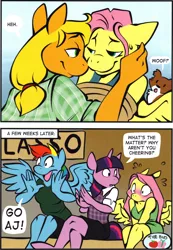 Size: 2036x2934 | Tagged: anthro, applejack, appleshy, artist:333456, blushing, bondage, breasts, clothes, comic, comic:once bitten twice appleshy, covering, derpibooru import, dress, embarrassed, female, fluttershy, high res, hoofbeat, hoofbeat 2, lesbian, missing accessory, rainbow dash, shipping, suggestive, twilight sparkle, winona