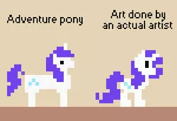Size: 300x205 | Tagged: 8-bit, adventure ponies, artist:pix3m, comparison, derpibooru import, pixel art, rarity, safe, solo, sprite, stylistic suck, text, unwarranted self-importance