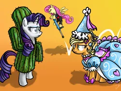 Size: 1024x768 | Tagged: applejack, artist:myminiatureequine, cactus, clothes, context is for the weak, costume, dead source, derpibooru import, dress, fluttershy, froufrou glittery lacy outfit, hennin, pogo stick, rarity, safe