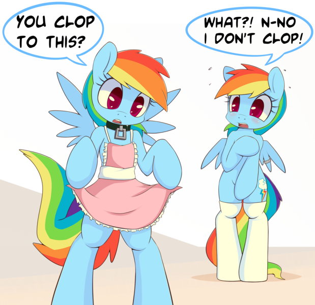 Size: 2340x2268 | Tagged: dead source, suggestive, artist:grumblepluck, derpibooru import, rainbow dash, pegasus, pony, accessory swap, apron, blushing, clothes, collar, dialogue, duality, female, mare, open mouth, pet play, pet-dash, rainbow shy dash, ring, self ponidox, socks