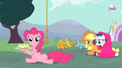 Size: 480x268 | Tagged: safe, derpibooru import, screencap, applejack, pinkie pie, rainbow dash, rarity, snails, snips, spike, twilight sparkle, pony, magic duel, animated, ball, bouncing, colt, conjoined by horn, crying, cupcake, female, flying, giant wing, hub logo, magic, male, mane seven, mare, morph ball, no mouth, no nose, ocular gushers