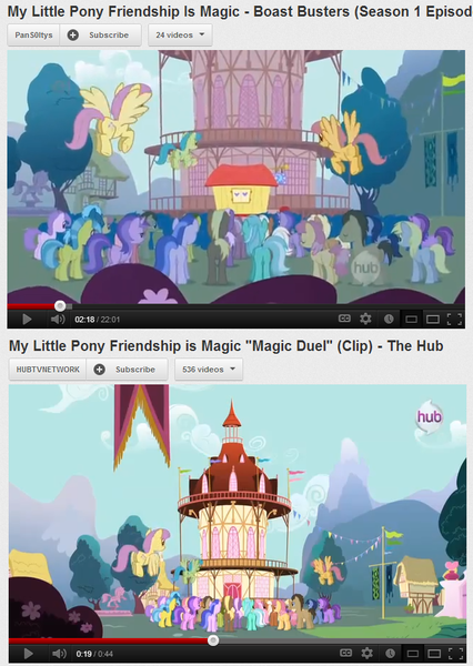 Size: 661x932 | Tagged: safe, derpibooru import, edit, edited screencap, screencap, amethyst star, bottlecap (character), coco crusoe, derpy hooves, dizzy twister, doctor whooves, eiffel, flounder (character), fuchsia fizz, lavenderhoof, lemon hearts, lyra heartstrings, mjölna, oakey doke, orange swirl, parasol, sandstorm (character), sea swirl, seafoam, silver spanner, time turner, welch, pegasus, pony, boast busters, magic duel, background pony, background pony audience, comparison, female, hub logo, hubble, mare, ponyville town hall, youtube